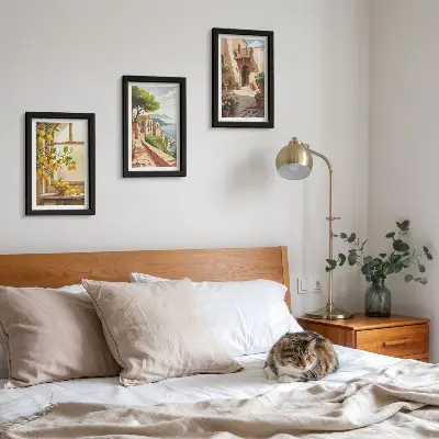 Triptych v ráme citrusové plody v kuchyni s výhľadom na more a malebné mestečko