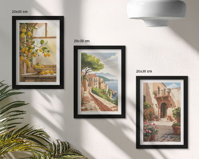 Triptych v ráme Citrusové plody v kuchyni s výhľadom na more a očarujúce mestečko