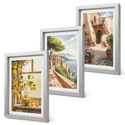Triptych v ráme Citrusové plody v kuchyni s výhľadom na more a očarujúce mestečko