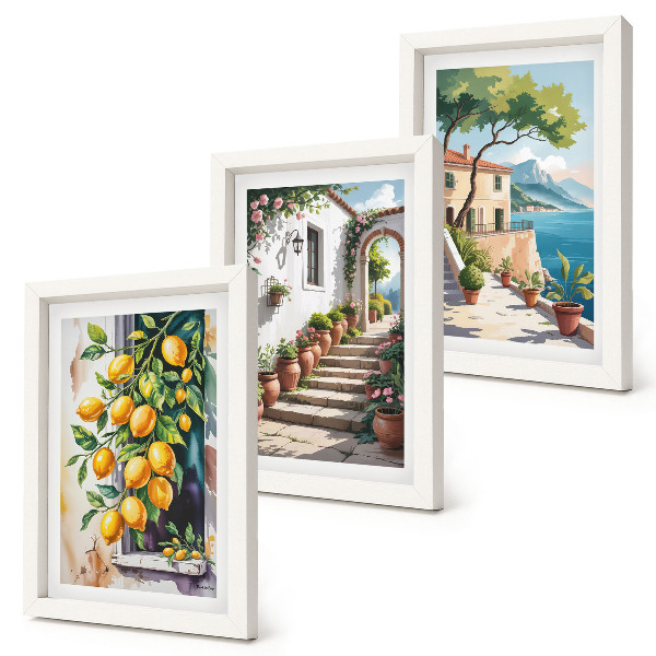 Triptych v ráme Citróny na pozadí kvetov a výhľadov na more