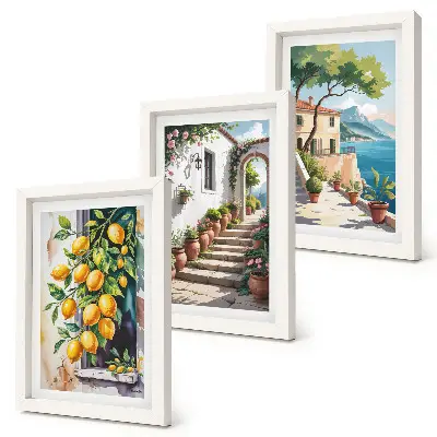 Triptych v ráme citróny na pozadí kvetov a výhľadu na more