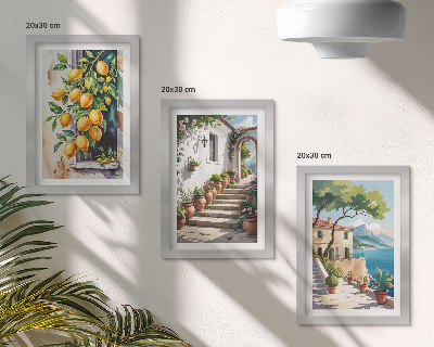Triptych v ráme Citróny na pozadí kvetov a výhľadov na more