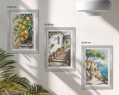 Triptych v ráme citróny na pozadí kvetov a výhľadu na more