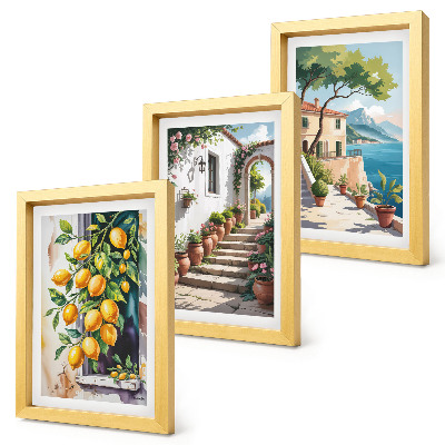 Triptych v ráme Citróny na pozadí kvetov a výhľadov na more