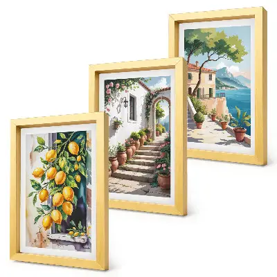 Triptych v ráme citróny na pozadí kvetov a výhľadu na more