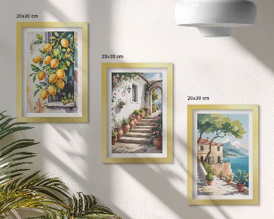 Triptych v ráme Citróny na pozadí kvetov a výhľadov na more