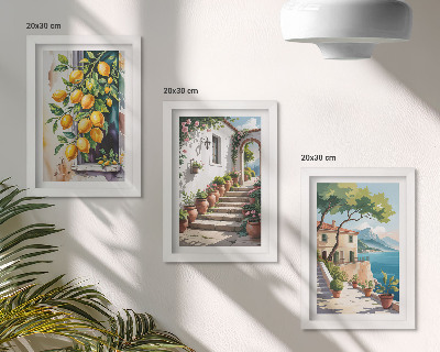 Triptych v ráme Citróny na pozadí kvetov a výhľadov na more