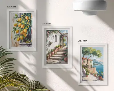 Triptych v ráme citróny na pozadí kvetov a výhľadu na more