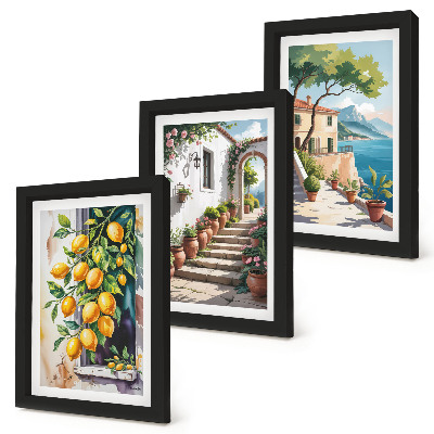 Triptych v ráme Citróny na pozadí kvetov a výhľadov na more