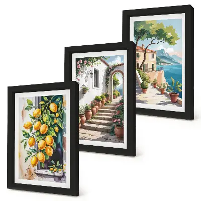 Triptych v ráme citróny na pozadí kvetov a výhľadu na more