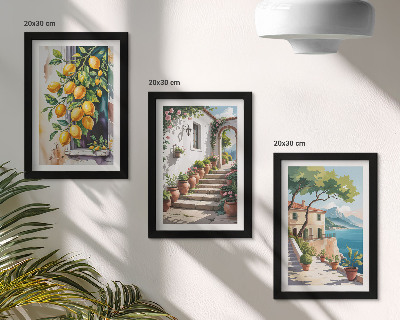 Triptych v ráme Citróny na pozadí kvetov a výhľadov na more