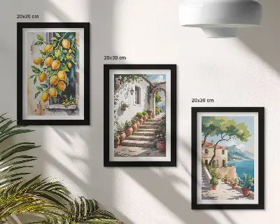 Triptych v ráme citróny na pozadí kvetov a výhľadu na more