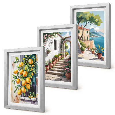 Triptych v ráme Citróny na pozadí kvetov a výhľadov na more