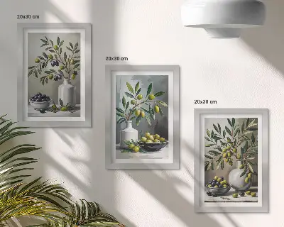 Olivy v keramických miskách na sivom pozadí triptych v ráme