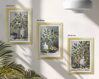 Olivy v keramických miskách na sivom pozadí triptych v ráme