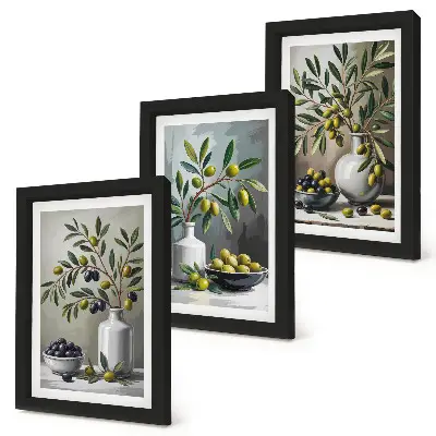 Olivy v keramických miskách na sivom pozadí triptych v ráme
