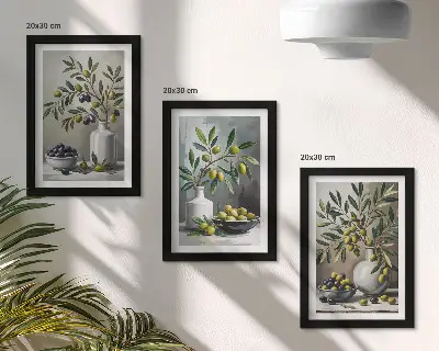 Olivy v keramických miskách na sivom pozadí triptych v ráme