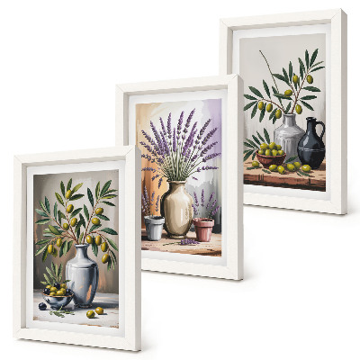 Triptych v ráme Kvety a olivy vo vázach na svetlom pozadí