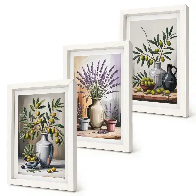 Kvety a olivy vo vázach na svetlom pozadí triptych v ráme