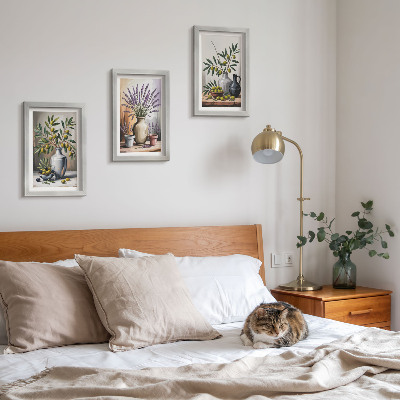 Triptych v ráme Kvety a olivy vo vázach na svetlom pozadí