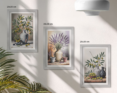 Triptych v ráme Kvety a olivy vo vázach na svetlom pozadí