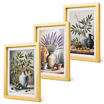 Triptych v ráme Kvety a olivy vo vázach na svetlom pozadí