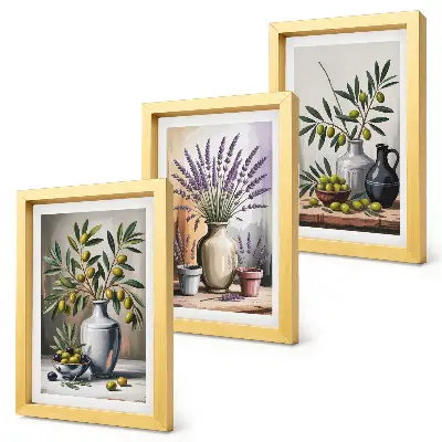 Kvety a olivy vo vázach na svetlom pozadí triptych v ráme
