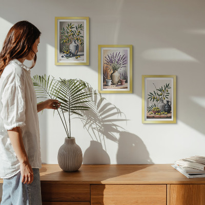 Triptych v ráme Kvety a olivy vo vázach na svetlom pozadí