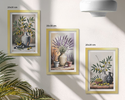 Triptych v ráme Kvety a olivy vo vázach na svetlom pozadí