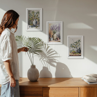 Triptych v ráme Kvety a olivy vo vázach na svetlom pozadí