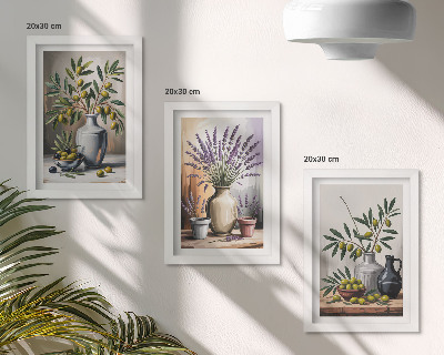 Triptych v ráme Kvety a olivy vo vázach na svetlom pozadí