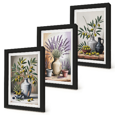 Triptych v ráme Kvety a olivy vo vázach na svetlom pozadí