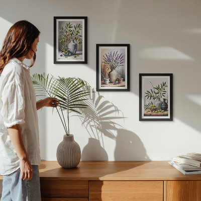 Triptych v ráme Kvety a olivy vo vázach na svetlom pozadí