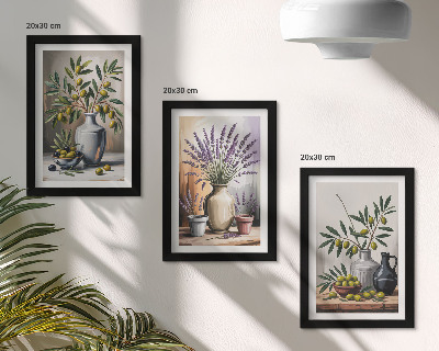 Triptych v ráme Kvety a olivy vo vázach na svetlom pozadí