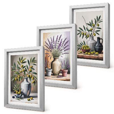 Triptych v ráme Kvety a olivy vo vázach na svetlom pozadí