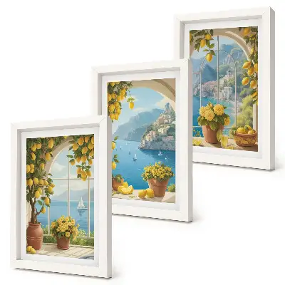 Morské scenérie s talianskymi citrónmi v oknách triptych v ráme