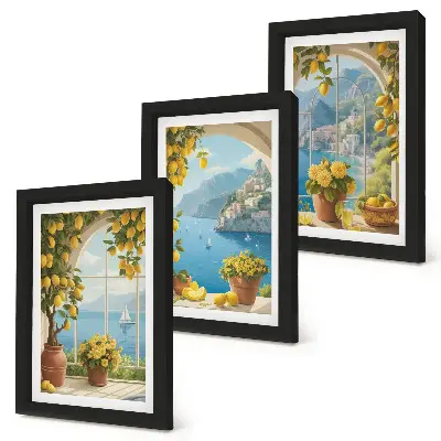 Morské scenérie s talianskymi citrónmi v oknách triptych v ráme