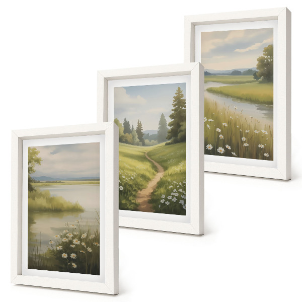 Triptych v ráme Jarná krajina s riečnou cestičkou a lúkou kvetov