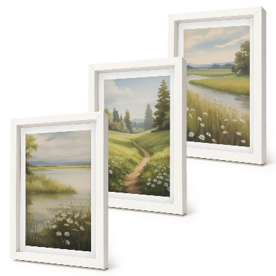 Triptych v ráme Jarná krajina s riečnou cestičkou a lúkou kvetov
