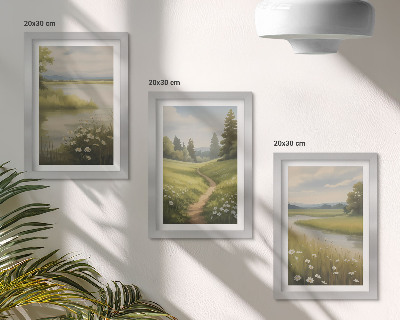 Triptych v ráme Jarná krajina s riečnou cestičkou a lúkou kvetov