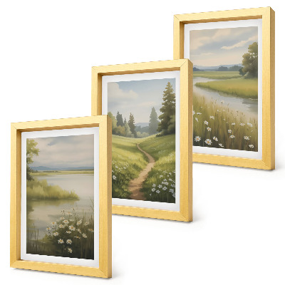 Triptych v ráme Jarná krajina s riečnou cestičkou a lúkou kvetov