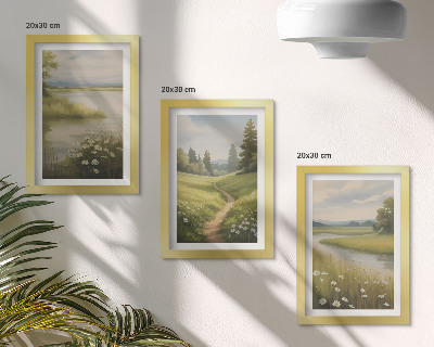 Triptych v ráme Jarná krajina s riečnou cestičkou a lúkou kvetov