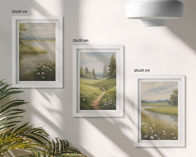 Triptych v ráme Jarná krajina s riečnou cestičkou a lúkou kvetov