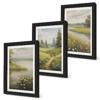 Triptych v ráme Jarná krajina s riečnou cestičkou a lúkou kvetov