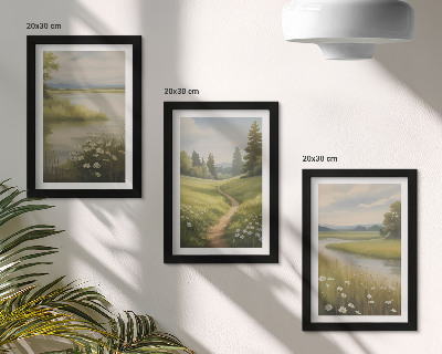 Triptych v ráme Jarná krajina s riečnou cestičkou a lúkou kvetov