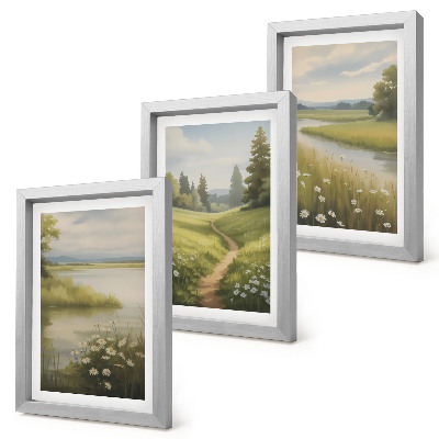 Triptych v ráme Jarná krajina s riečnou cestičkou a lúkou kvetov