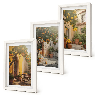 Triptych v ráme Slnečná terasa s citrusovými stromami a kvetináčmi