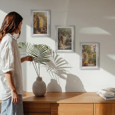 Triptych v ráme Slnečná terasa s citrusovými stromami a kvetináčmi