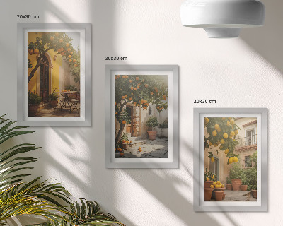 Triptych v ráme Slnečná terasa s citrusovými stromami a kvetináčmi