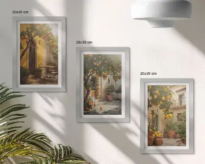 Slnečná terasa s citrusovými stromami a kvetináčmi triptych v ráme